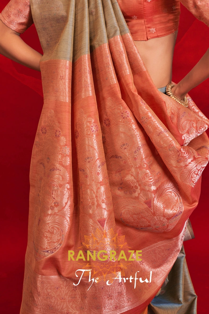 Silver Grey & Rust Tussar Silk Saree
