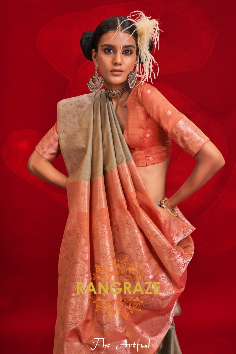 Silver Grey & Rust Tussar Silk Saree