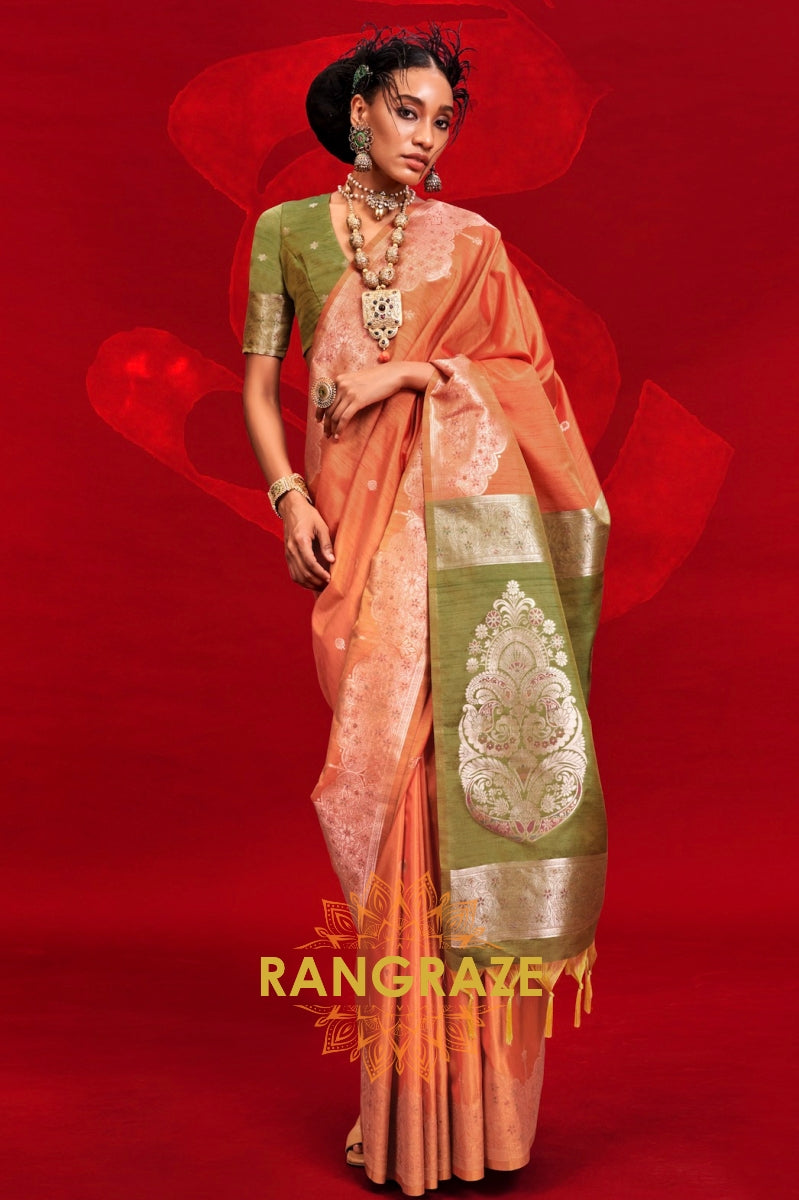 Olive Green & Multicolor Printed Tussar Silk Saree