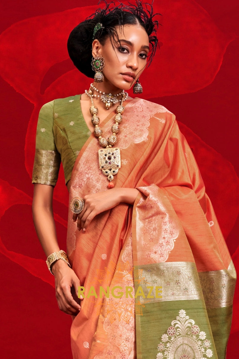 Olive Green & Multicolor Printed Tussar Silk Saree