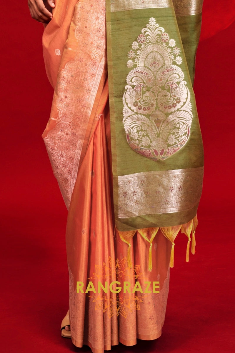 Olive Green & Multicolor Printed Tussar Silk Saree