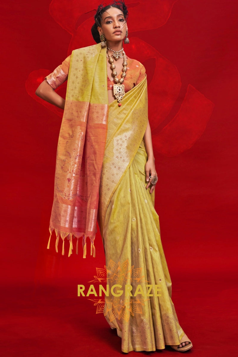 Mustard Yellow & Peach Tussar Silk Handloom Saree