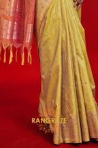 Mustard Yellow & Peach Tussar Silk Handloom Saree
