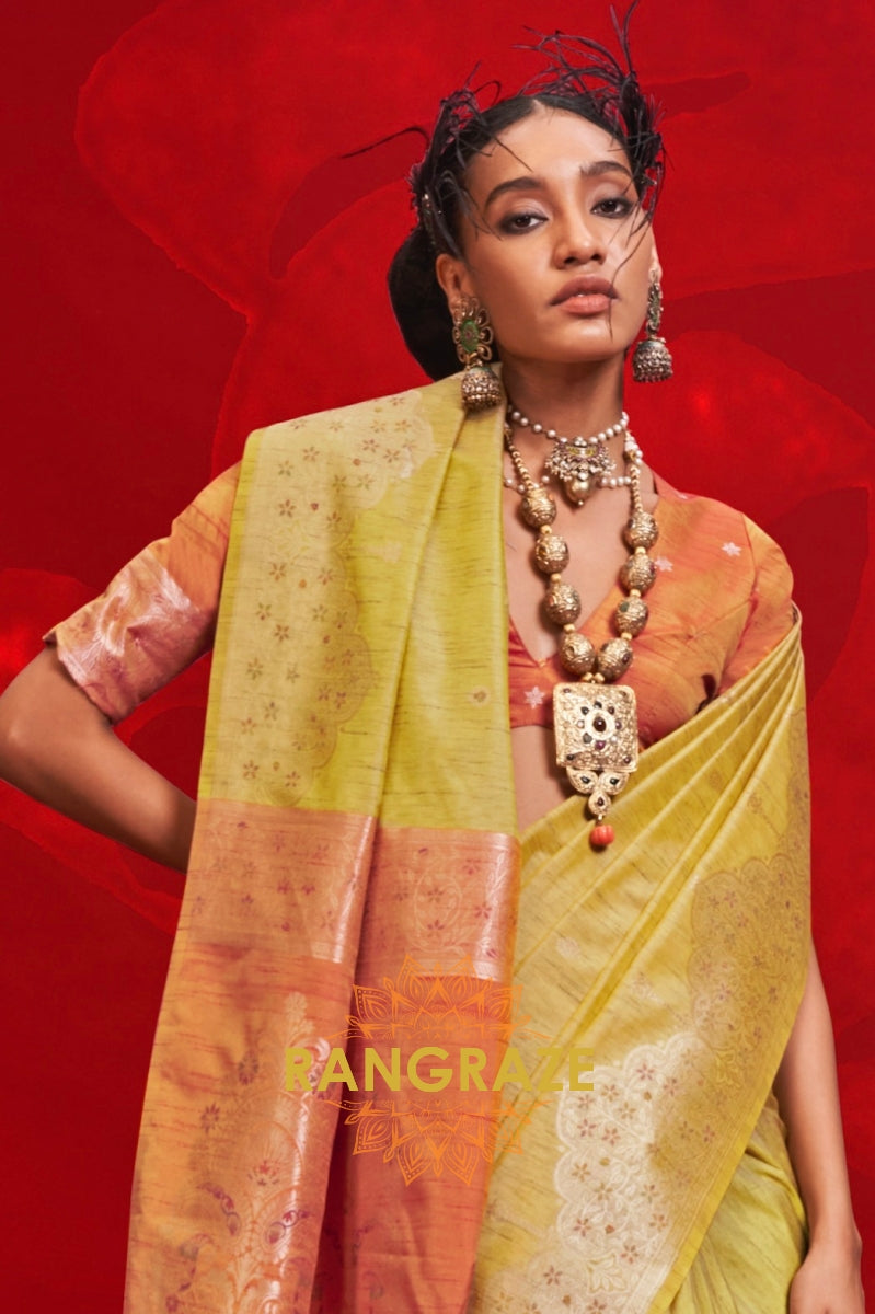Mustard Yellow & Peach Tussar Silk Handloom Saree