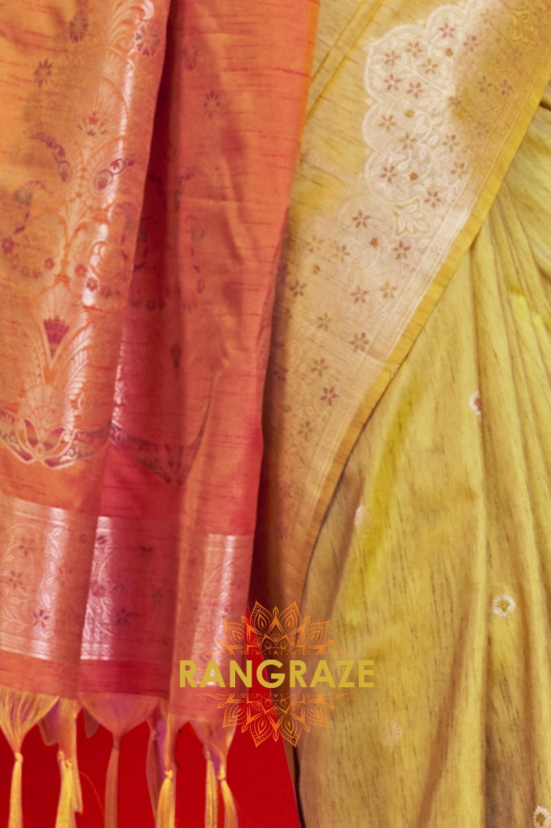 Mustard Yellow & Peach Tussar Silk Handloom Saree