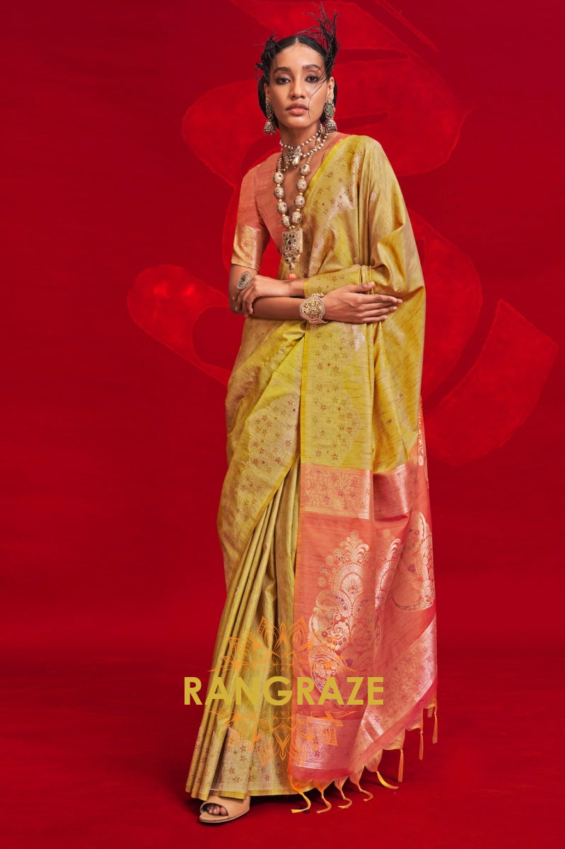 Mustard Yellow & Peach Tussar Silk Handloom Saree