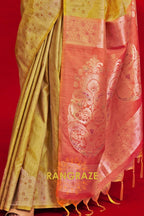 Mustard Yellow & Peach Tussar Silk Handloom Saree