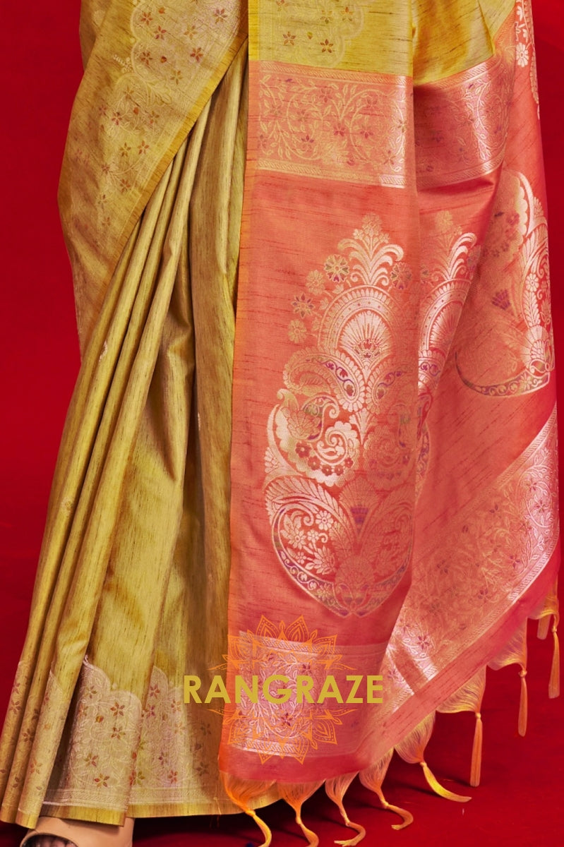 Mustard Yellow & Peach Tussar Silk Handloom Saree