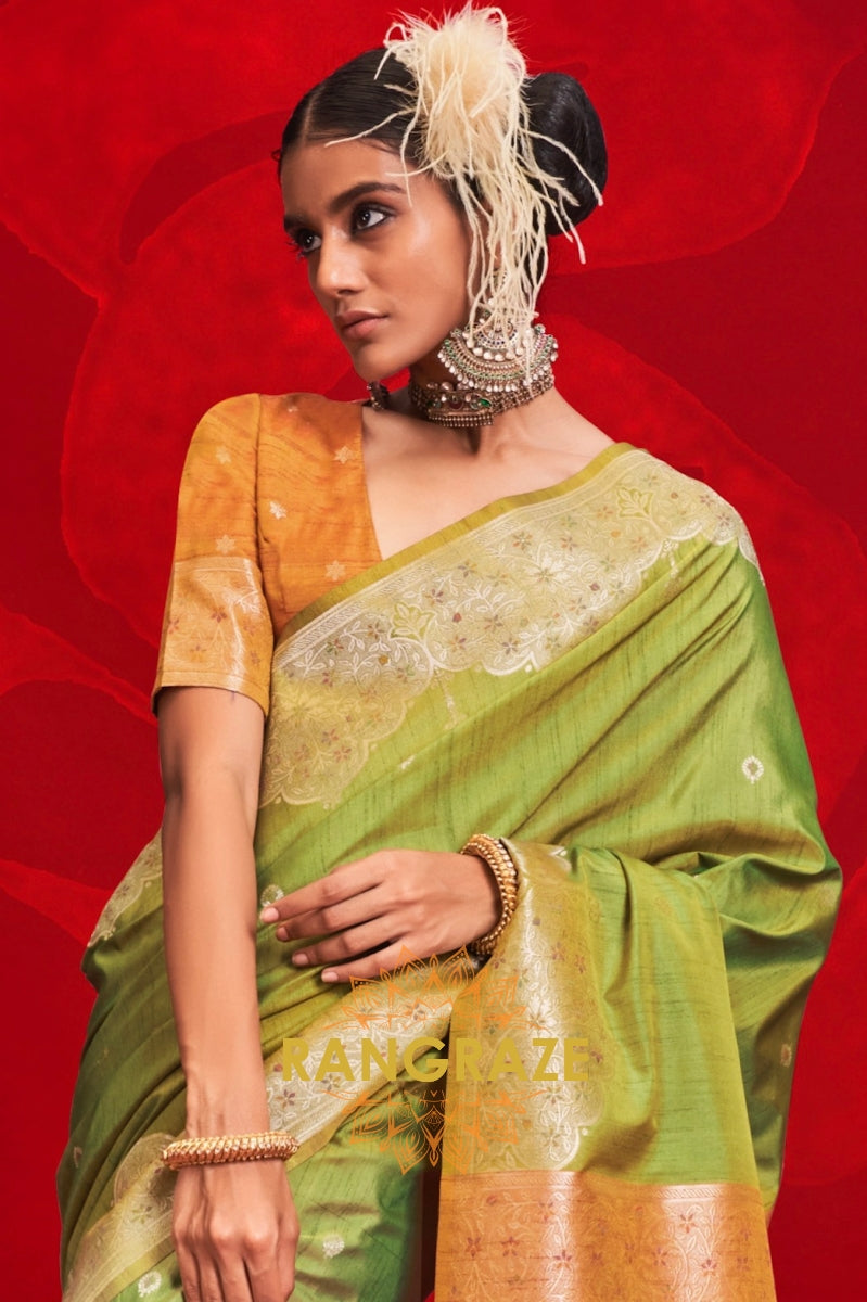 Olive Green Tussar Silk Handloom Saree with Contrast Ikkat Pallu