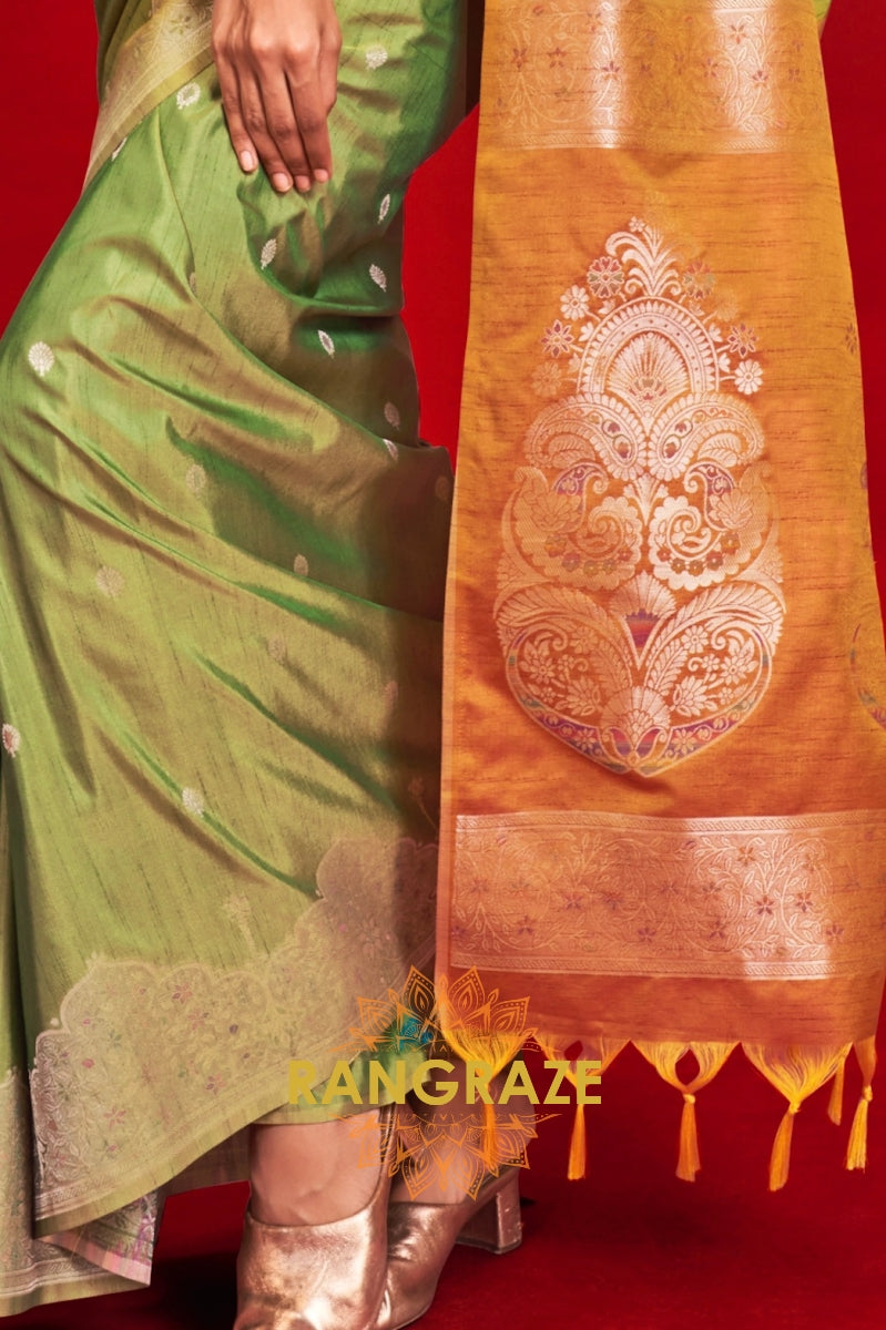 Olive Green Tussar Silk Handloom Saree with Contrast Ikkat Pallu