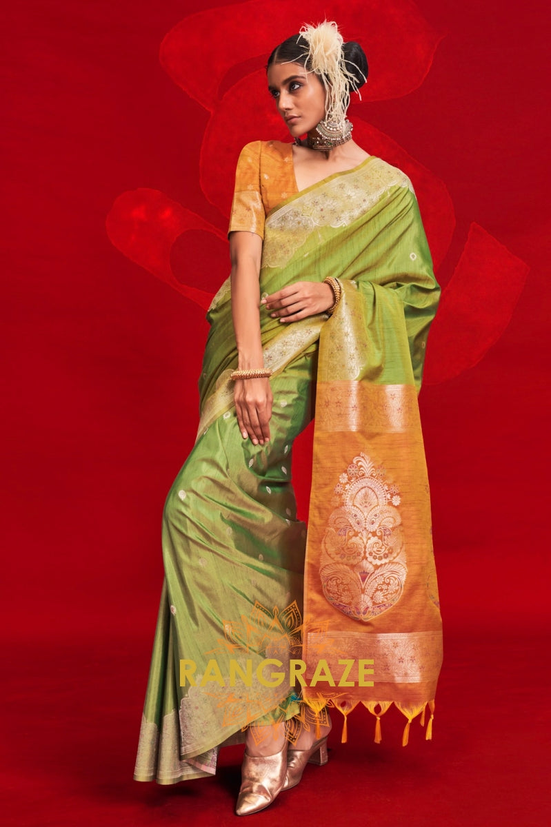 Olive Green Tussar Silk Handloom Saree with Contrast Ikkat Pallu