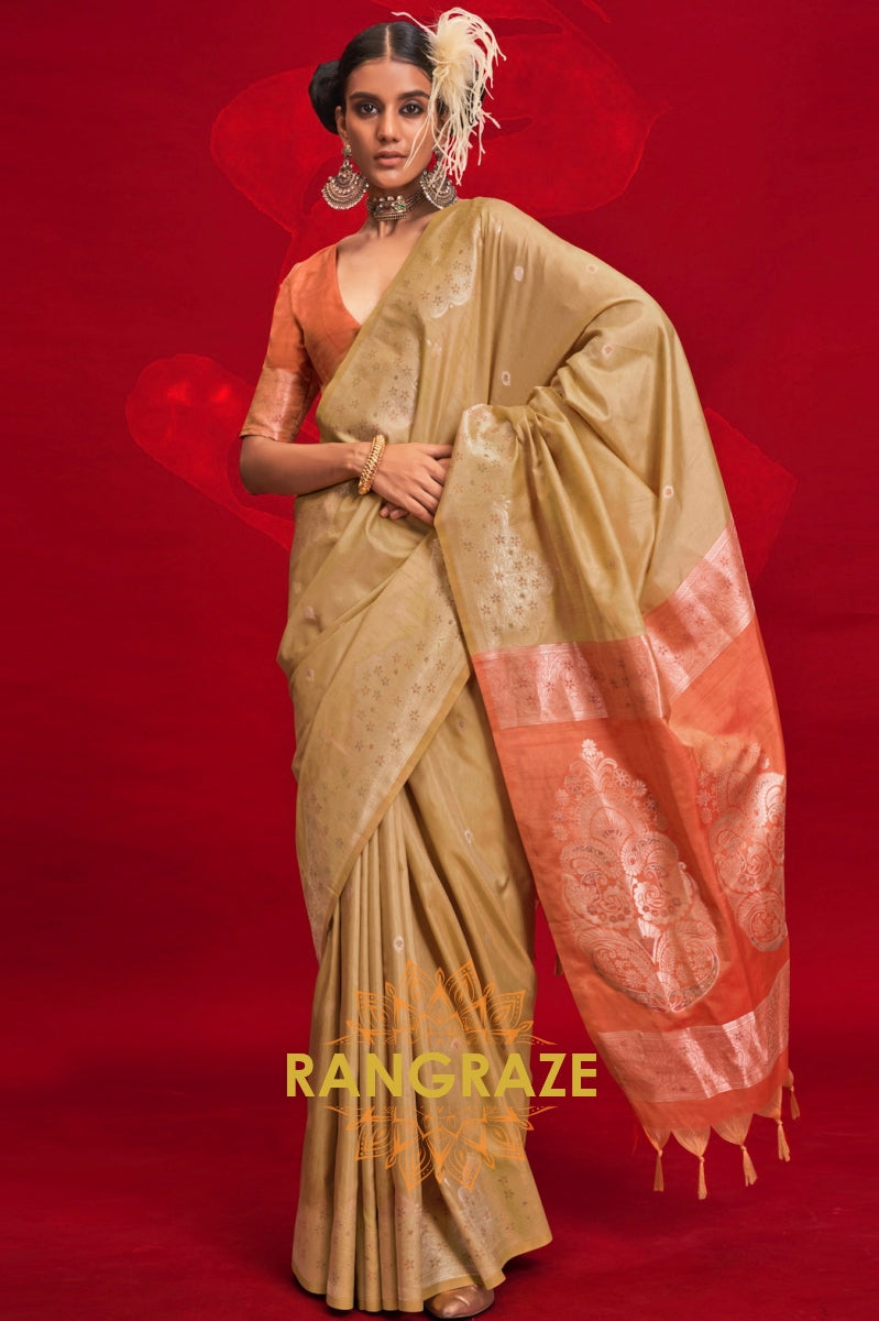 Khaki Beige & Rust Handloom Tussar Silk Saree