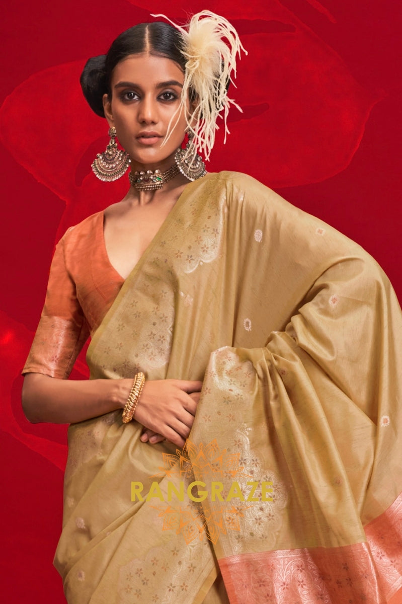 Khaki Beige & Rust Handloom Tussar Silk Saree
