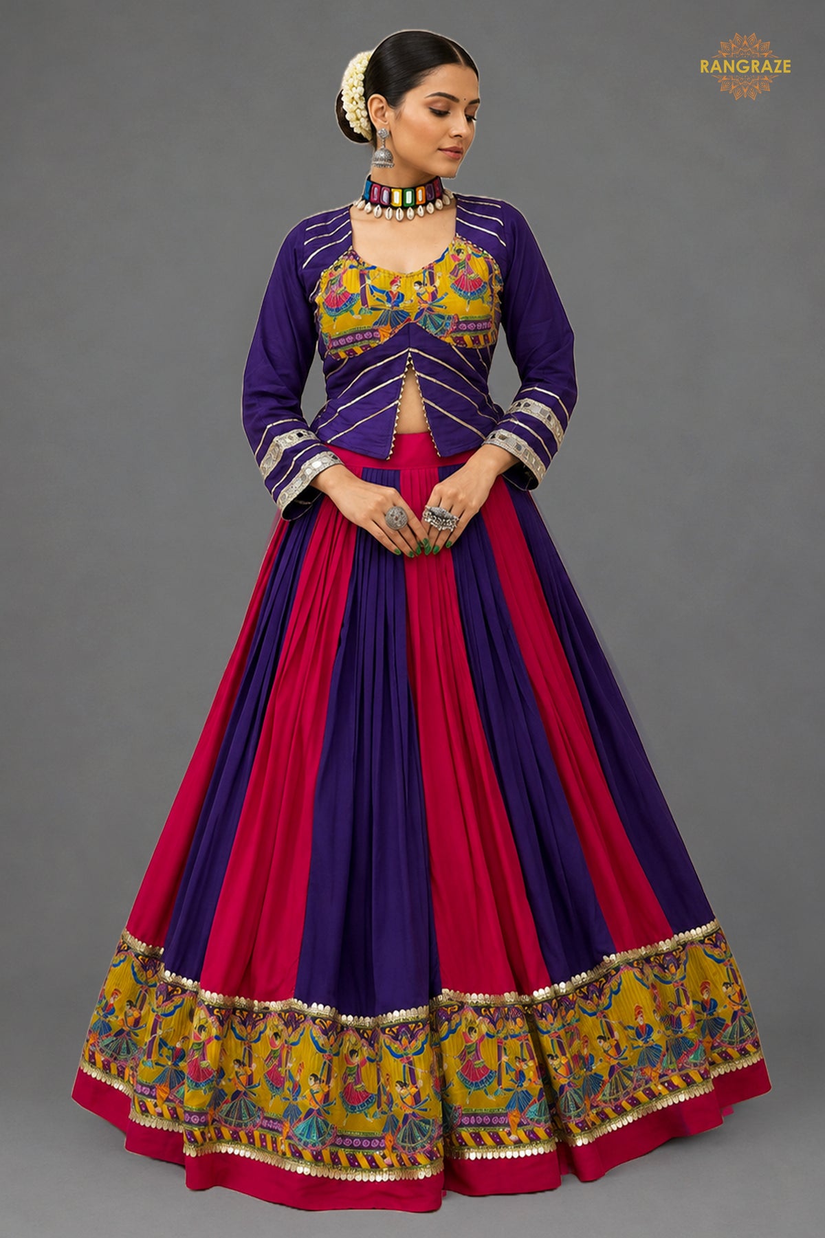 Vibrant Dual-Tone Printed Lehenga Choli with Real Mirror Work
