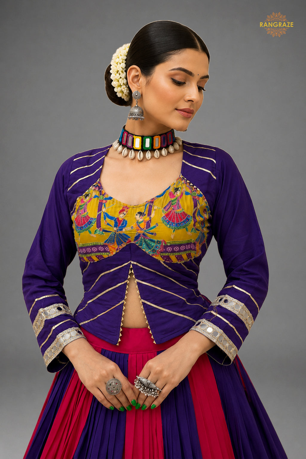 Vibrant Dual-Tone Printed Lehenga Choli with Real Mirror Work