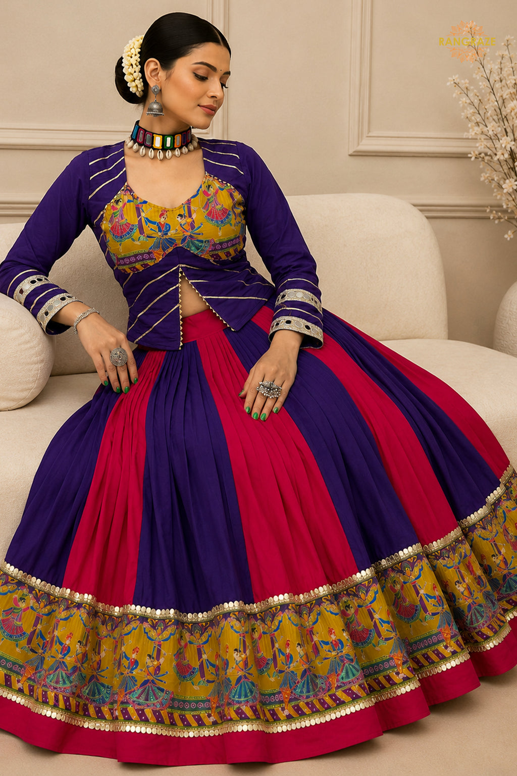 Vibrant Dual-Tone Printed Lehenga Choli with Real Mirror Work
