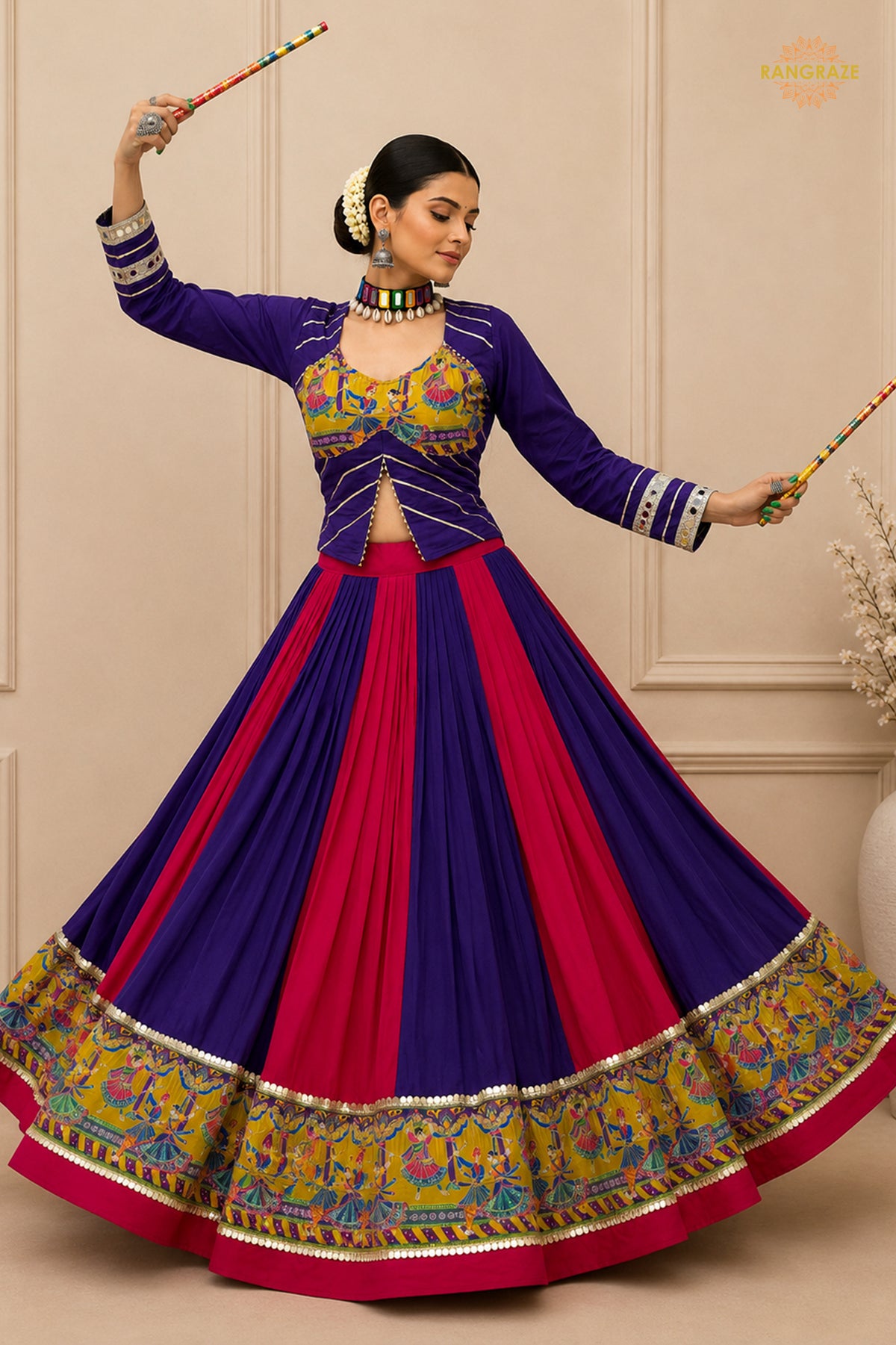 Vibrant Dual-Tone Printed Lehenga Choli with Real Mirror Work