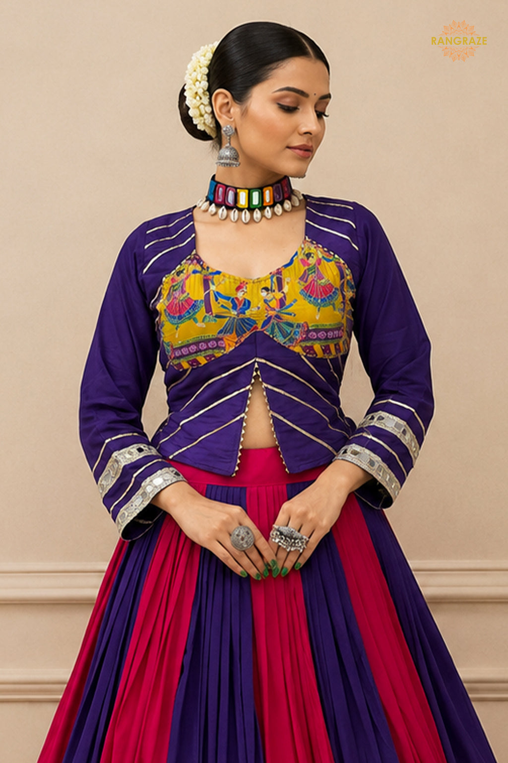 Vibrant Dual-Tone Printed Lehenga Choli with Real Mirror Work