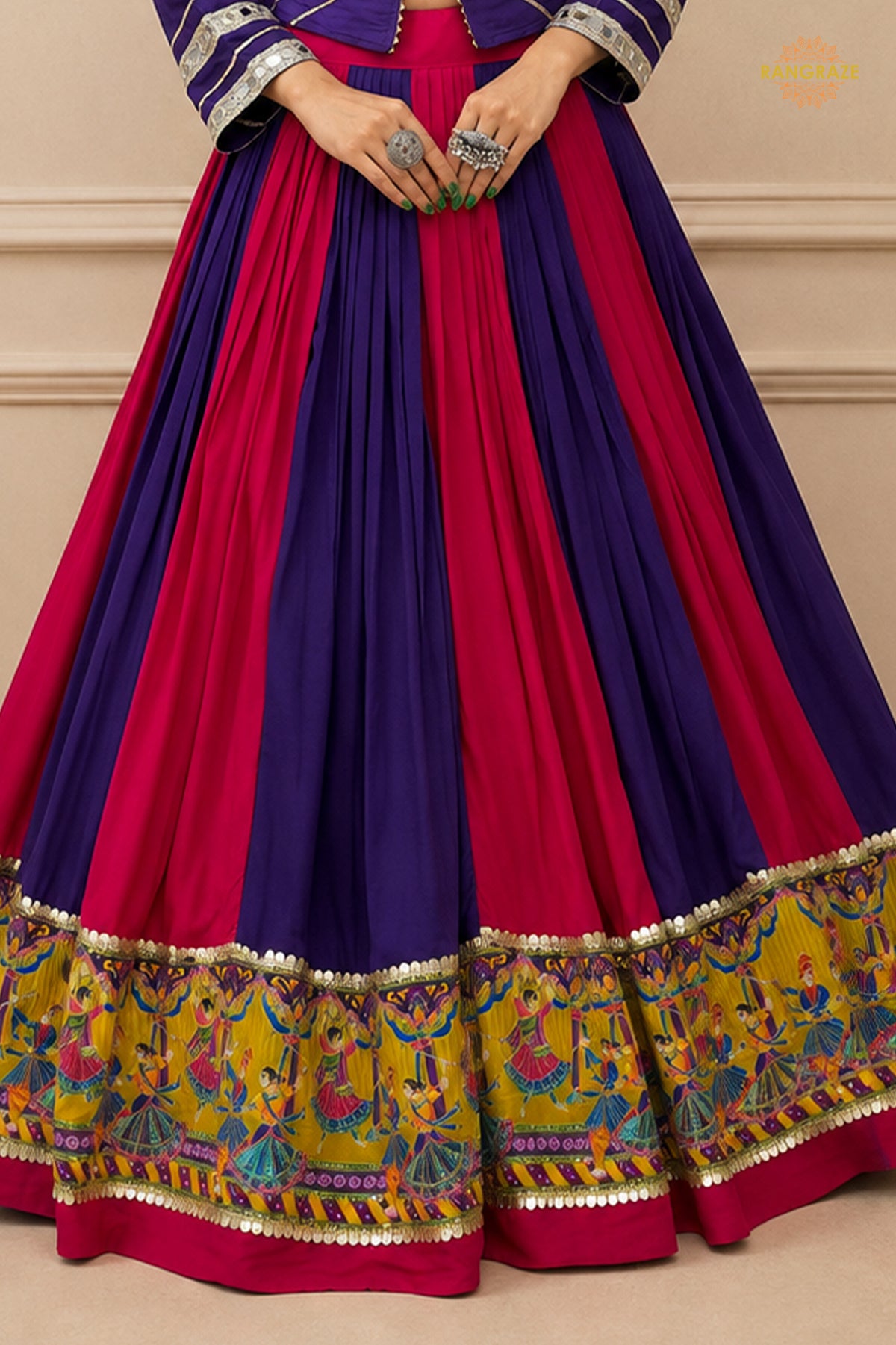 Vibrant Dual-Tone Printed Lehenga Choli with Real Mirror Work