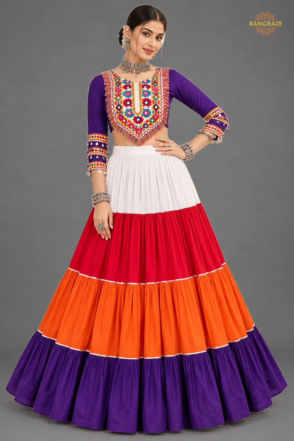 Vibrant Multi-Color Frilled Lehenga Choli with Real Mirror Work