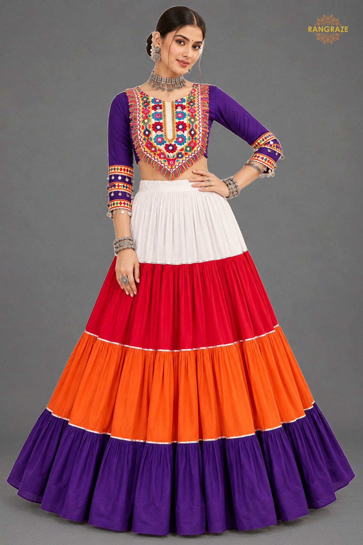 Vibrant Multi-Color Frilled Lehenga Choli with Real Mirror Work