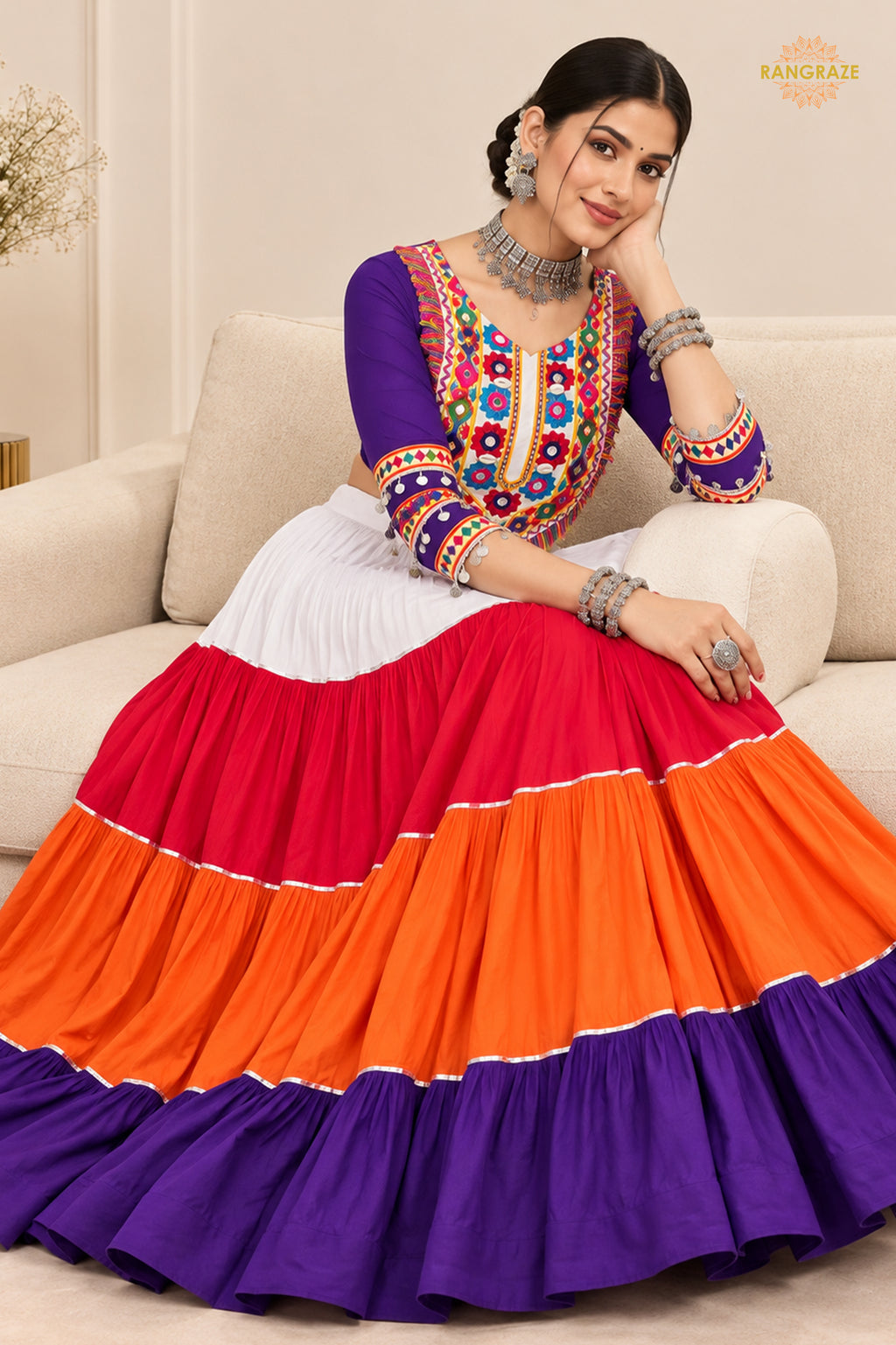 Vibrant Multi-Color Frilled Lehenga Choli with Real Mirror Work