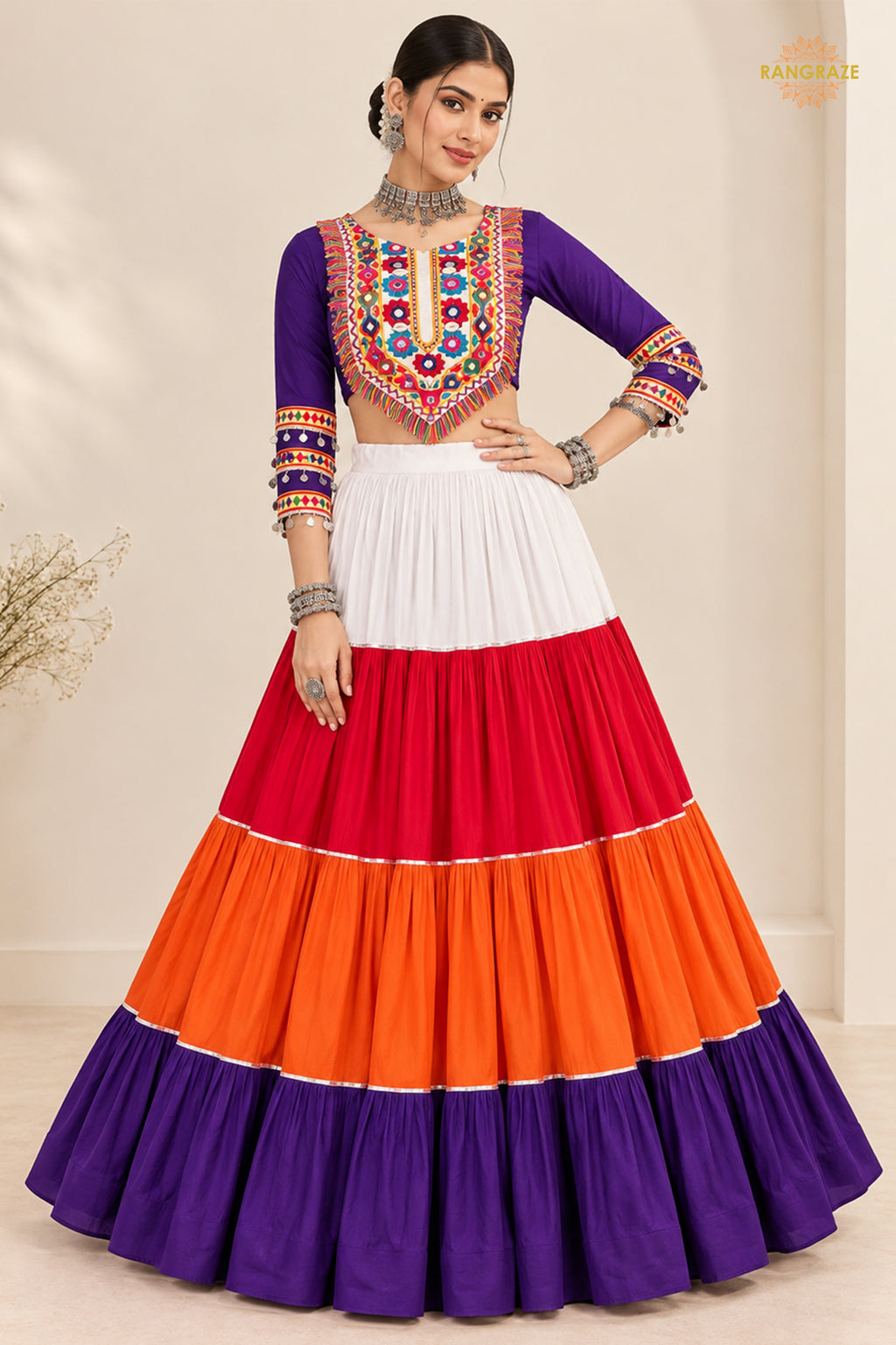 Vibrant Multi-Color Frilled Lehenga Choli with Real Mirror Work