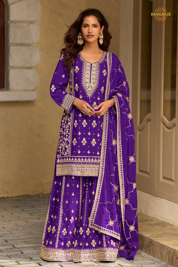Violet Stitched Embroidered Chinon Sharara Suit