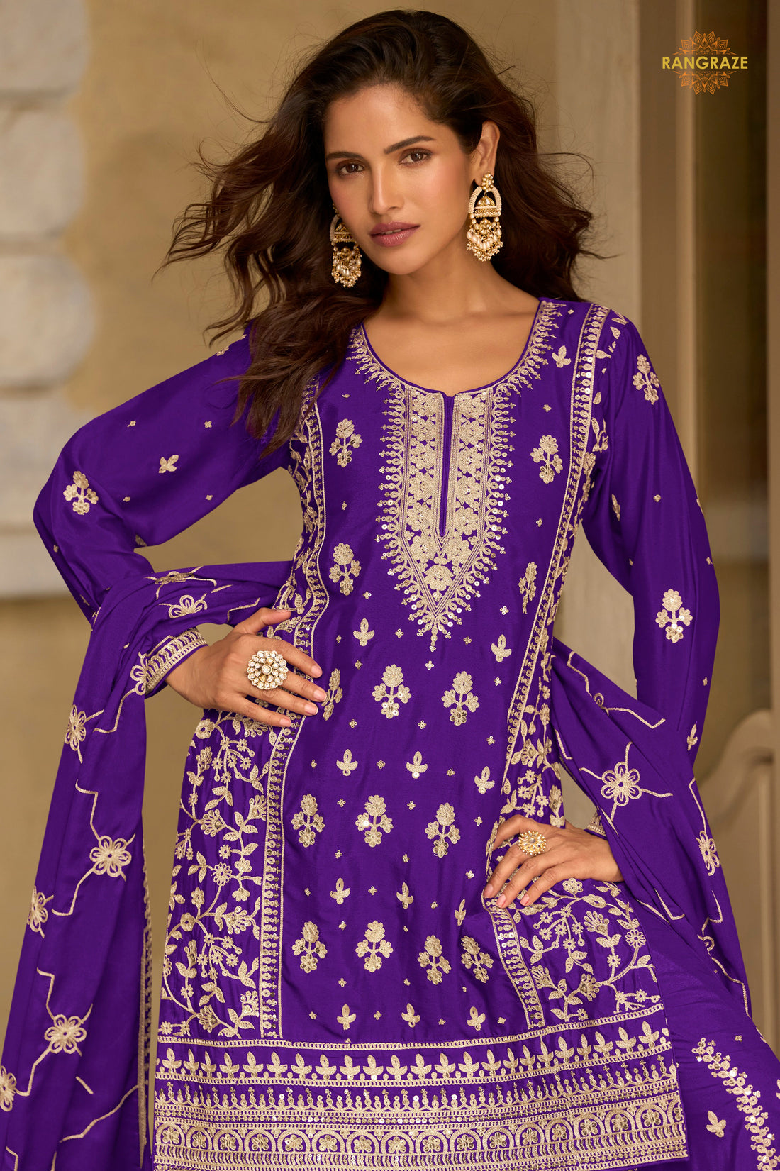 Violet Stitched Embroidered Chinon Sharara Suit