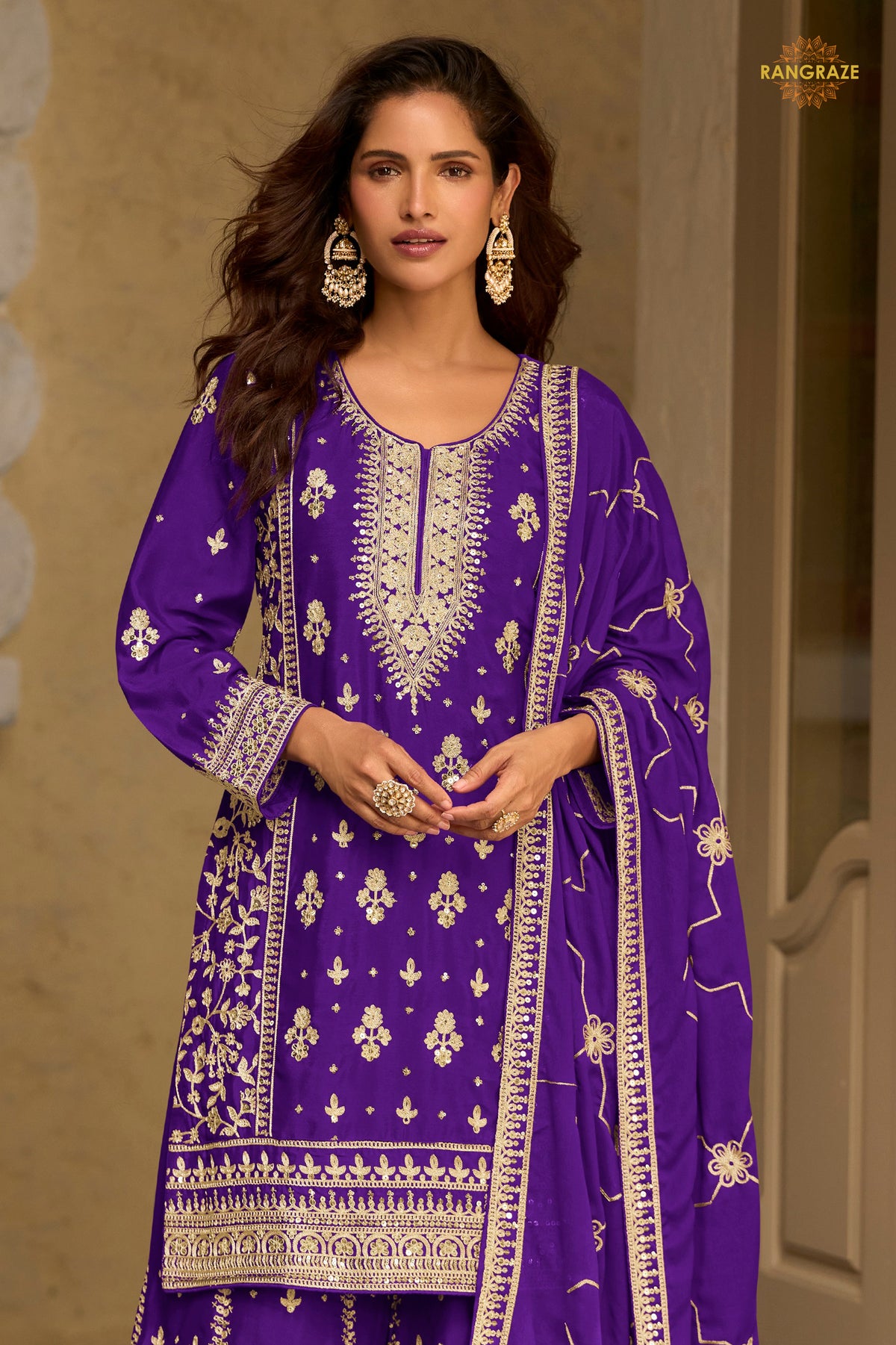 Violet Stitched Embroidered Chinon Sharara Suit