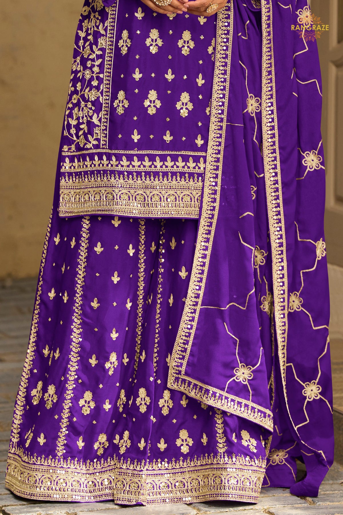 Violet Stitched Embroidered Chinon Sharara Suit