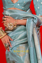 Pastel Aqua Blue Viscose Zari Tissue Saree with Woven Border