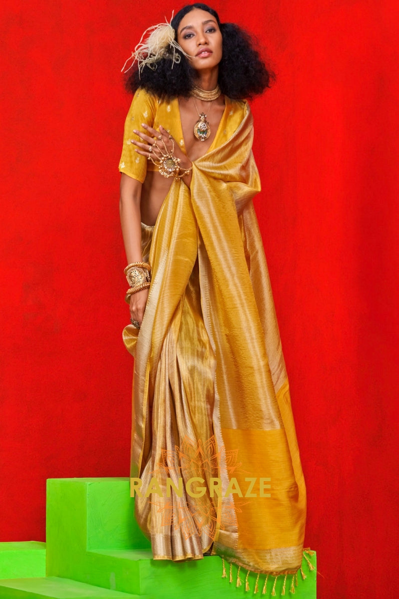 Luxe Golden Zari Tissue Saree with Woven Border & Stripes