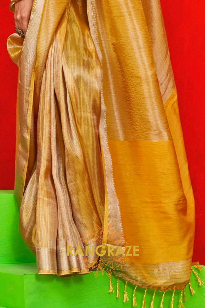 Luxe Golden Zari Tissue Saree with Woven Border & Stripes