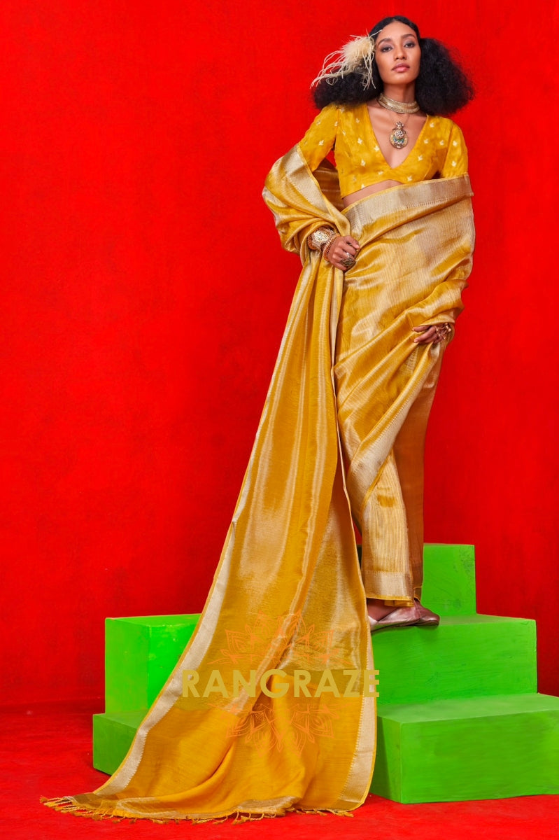 Luxe Golden Zari Tissue Saree with Woven Border & Stripes