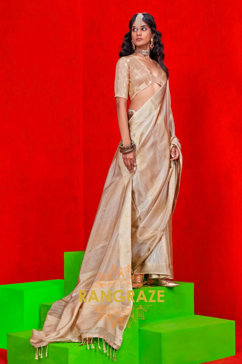 Elegant Champagne Zari Tissue Saree with Woven Border & Stripes