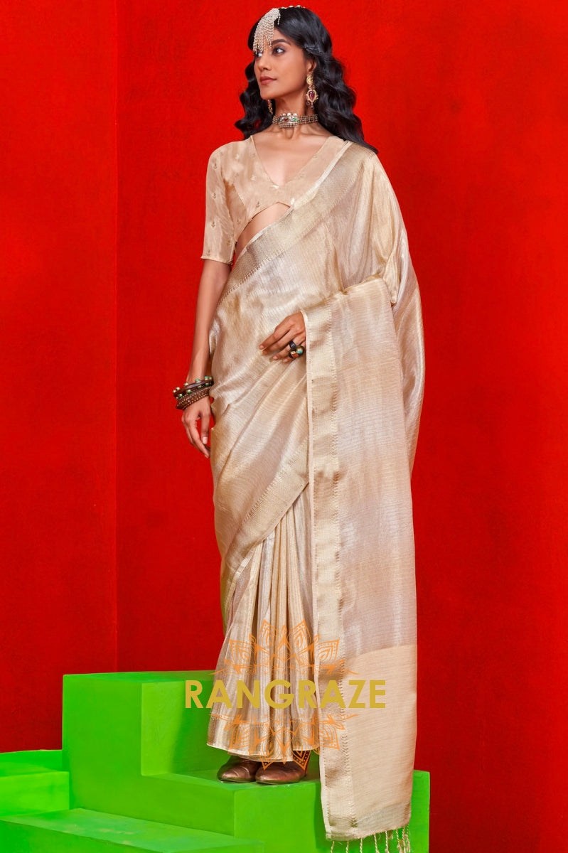 Elegant Champagne Zari Tissue Saree with Woven Border & Stripes