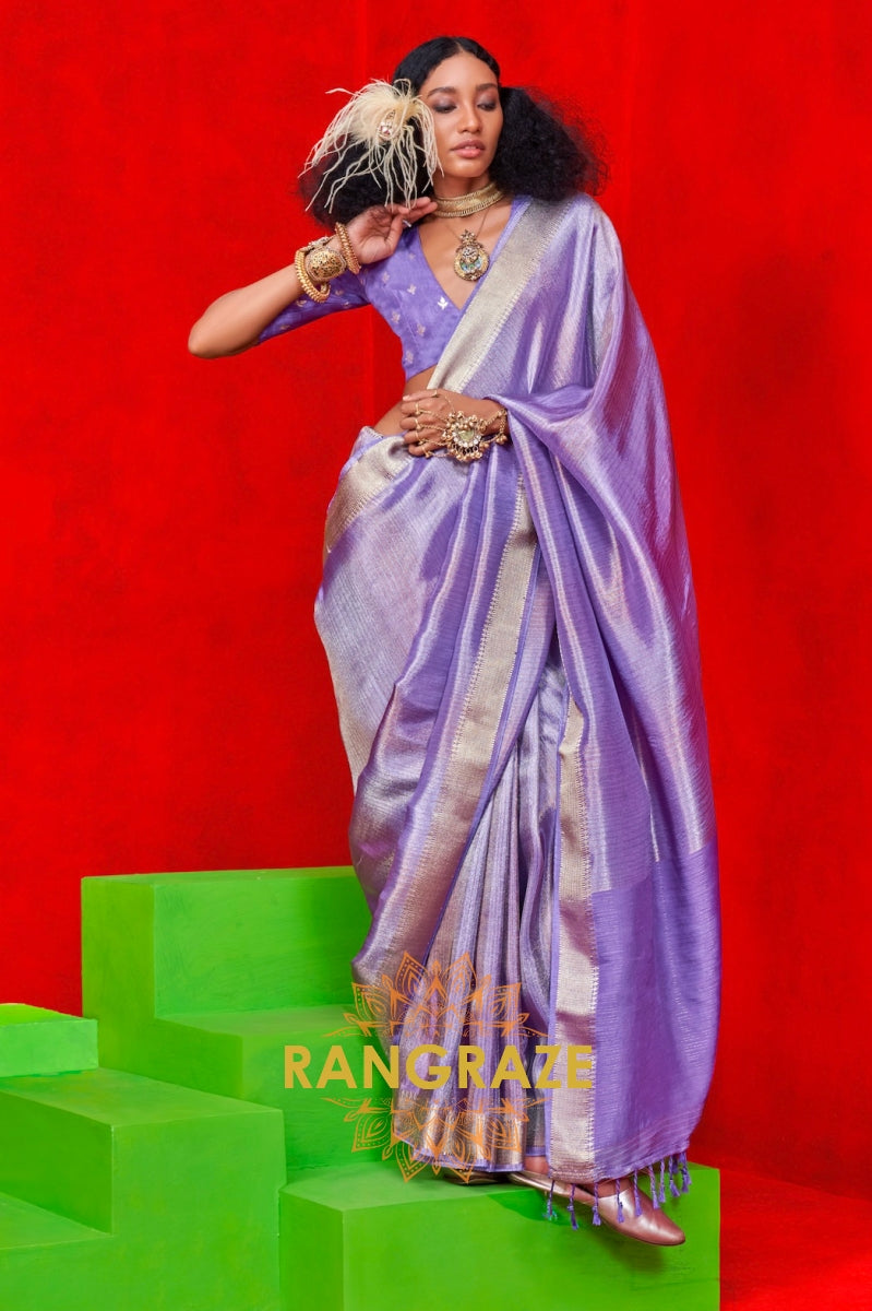 Regal Lavender Zari Tissue Saree with Woven Border & Stripes