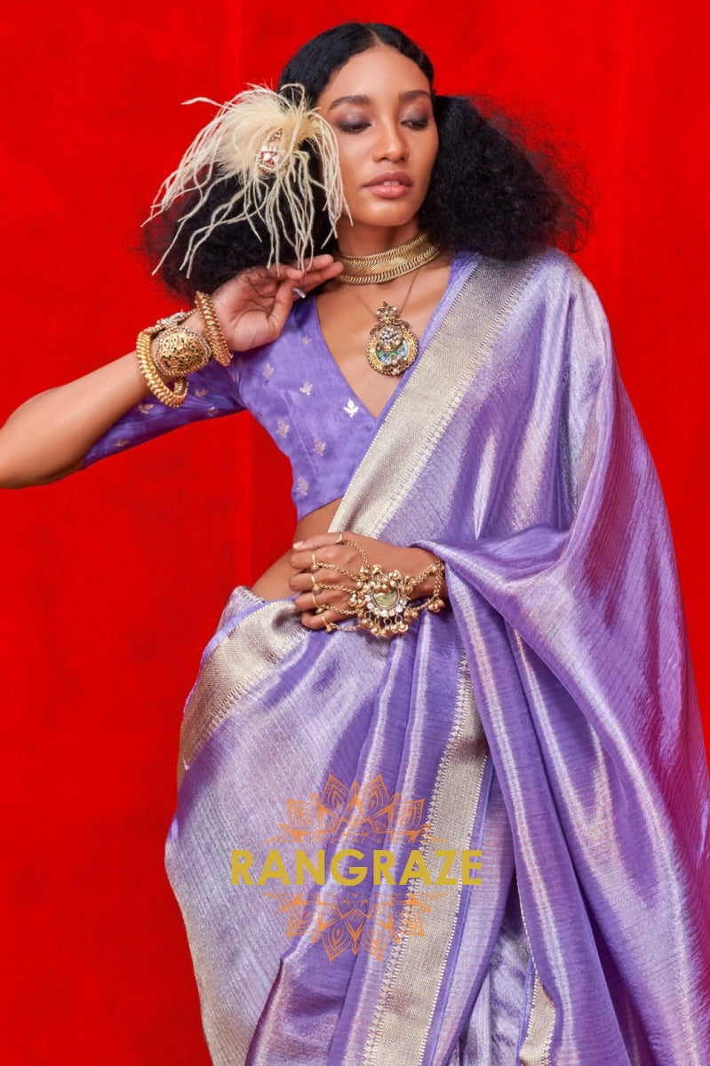Regal Lavender Zari Tissue Saree with Woven Border & Stripes