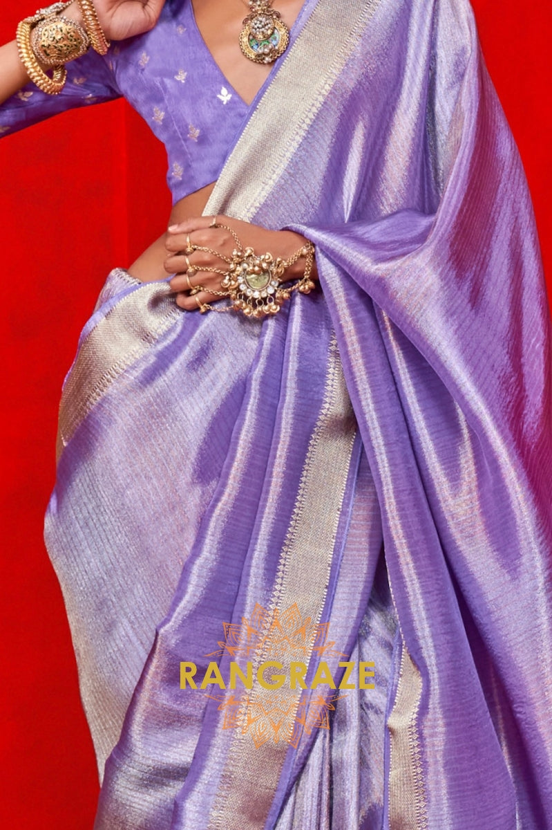 Regal Lavender Zari Tissue Saree with Woven Border & Stripes