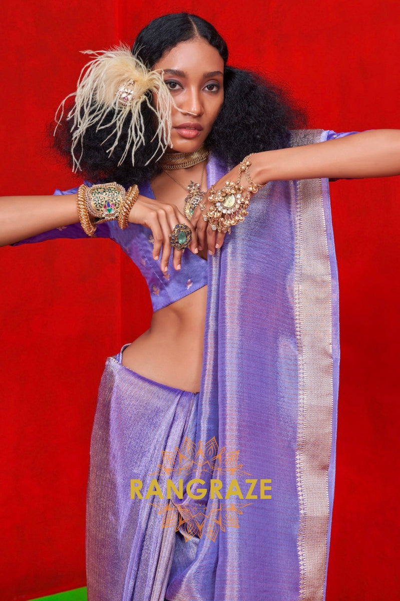 Regal Lavender Zari Tissue Saree with Woven Border & Stripes