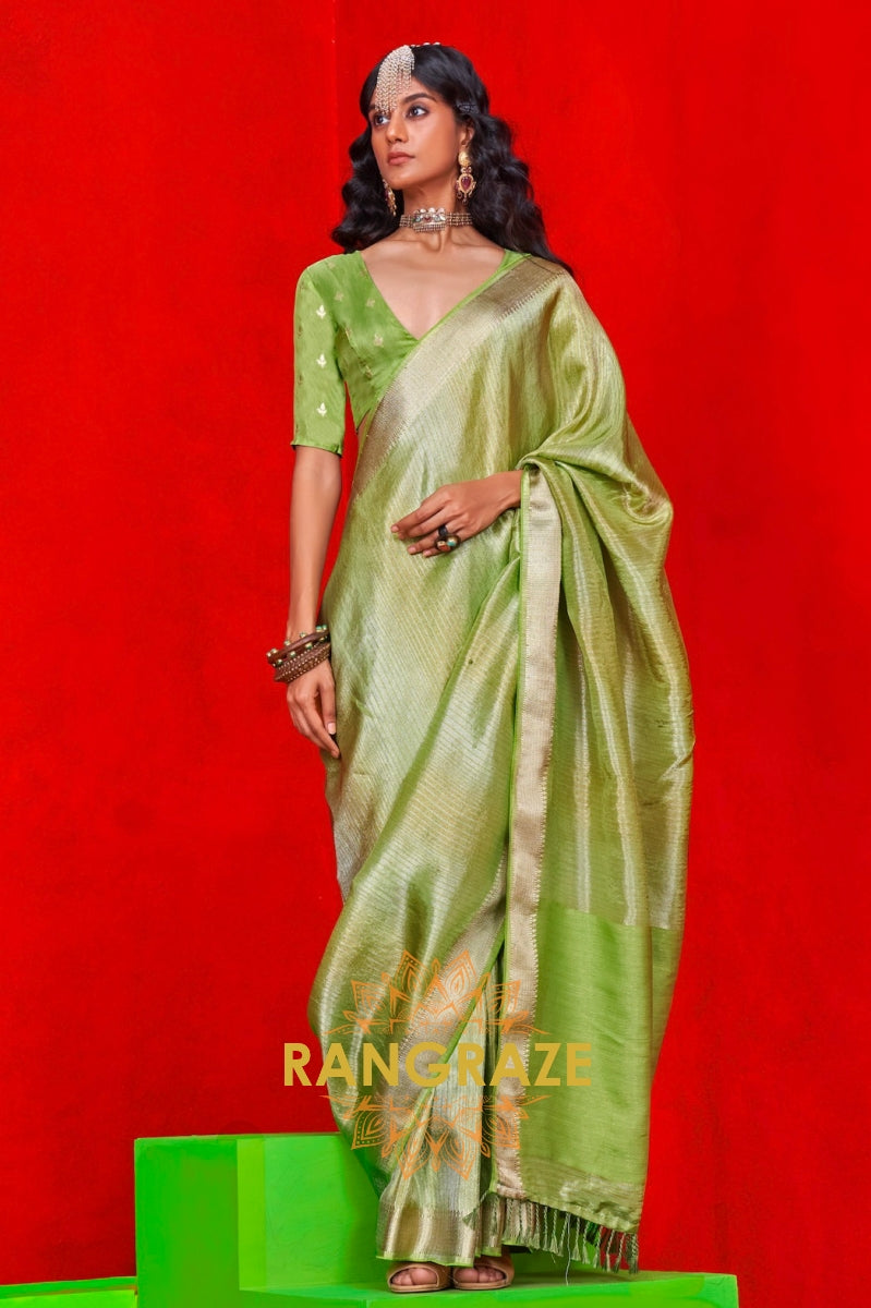 Radiant Lime Green Zari Tissue Saree with Woven Border & Stripes