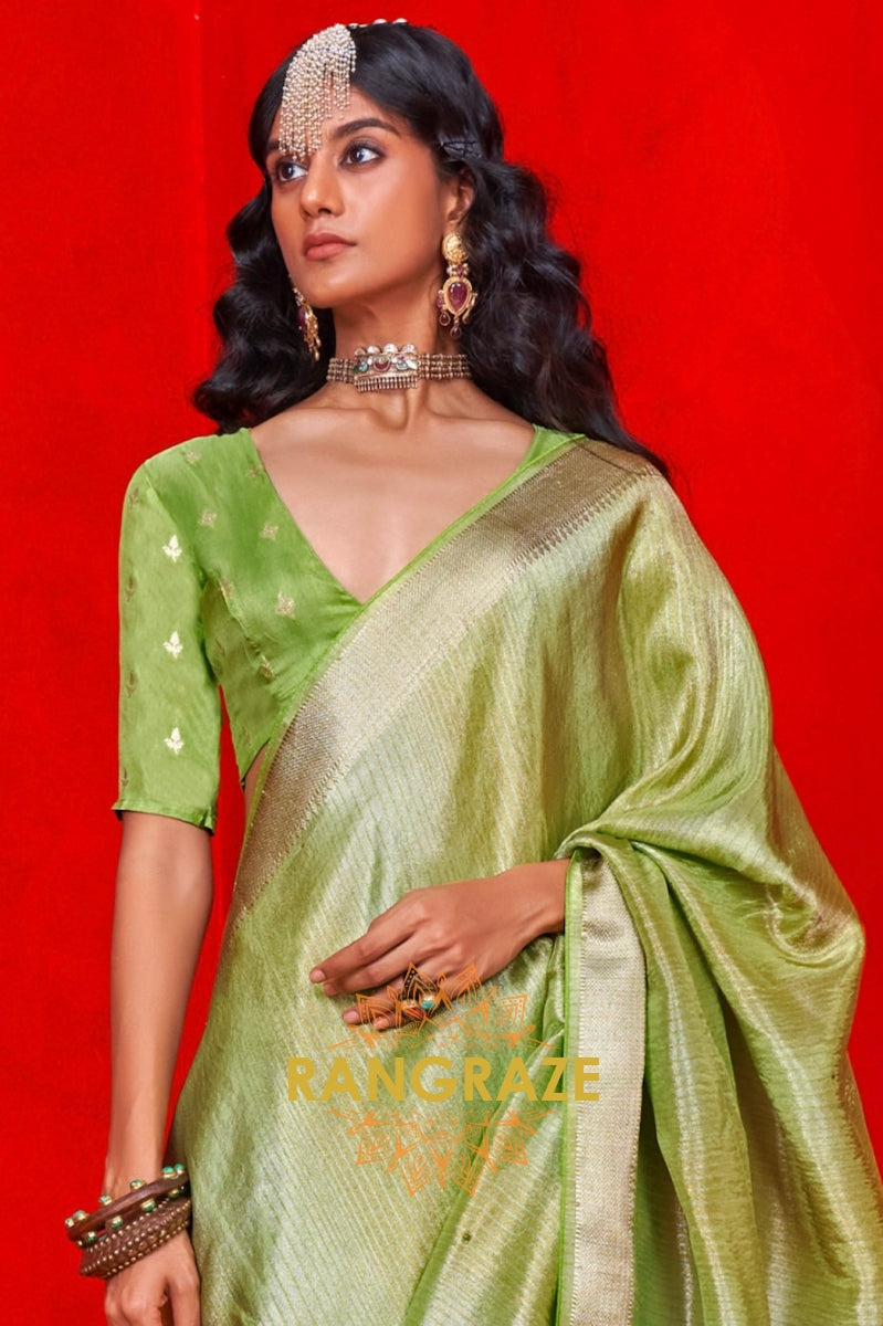Radiant Lime Green Zari Tissue Saree with Woven Border & Stripes