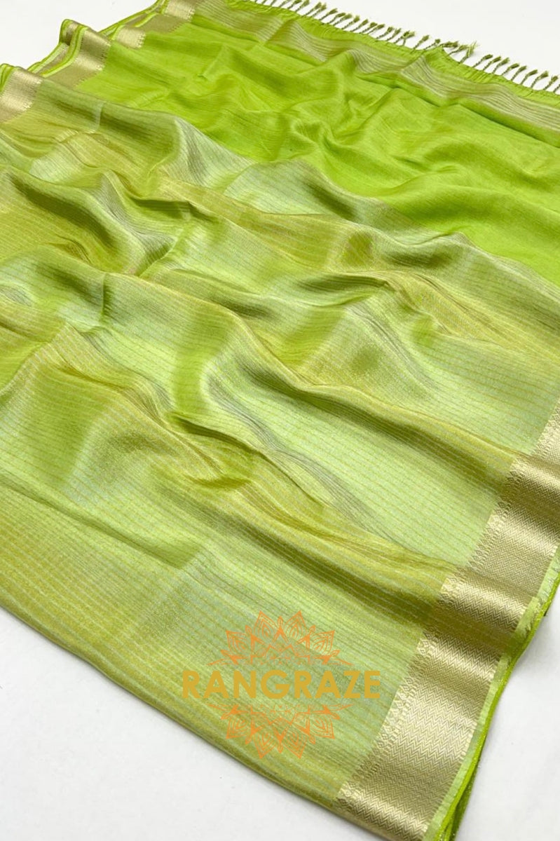 Radiant Lime Green Zari Tissue Saree with Woven Border & Stripes