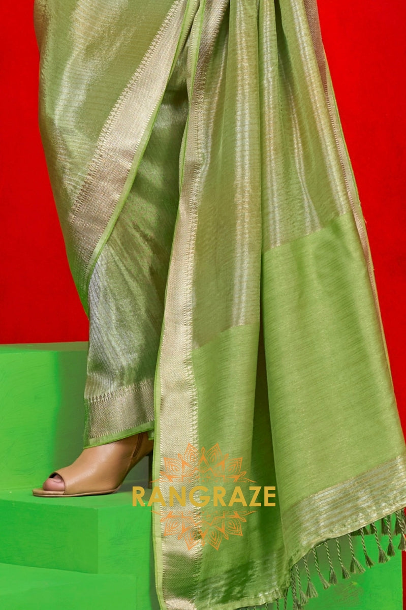 Radiant Lime Green Zari Tissue Saree with Woven Border & Stripes