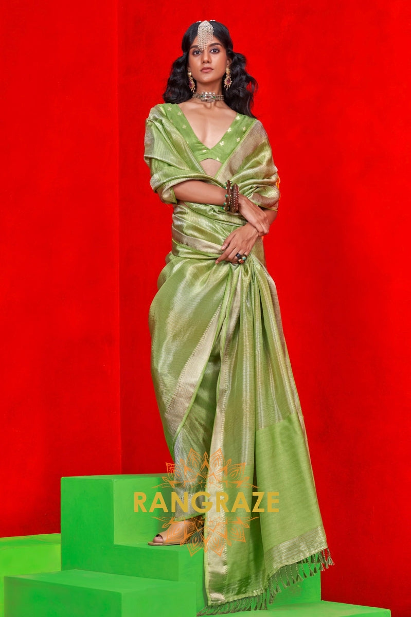 Radiant Lime Green Zari Tissue Saree with Woven Border & Stripes