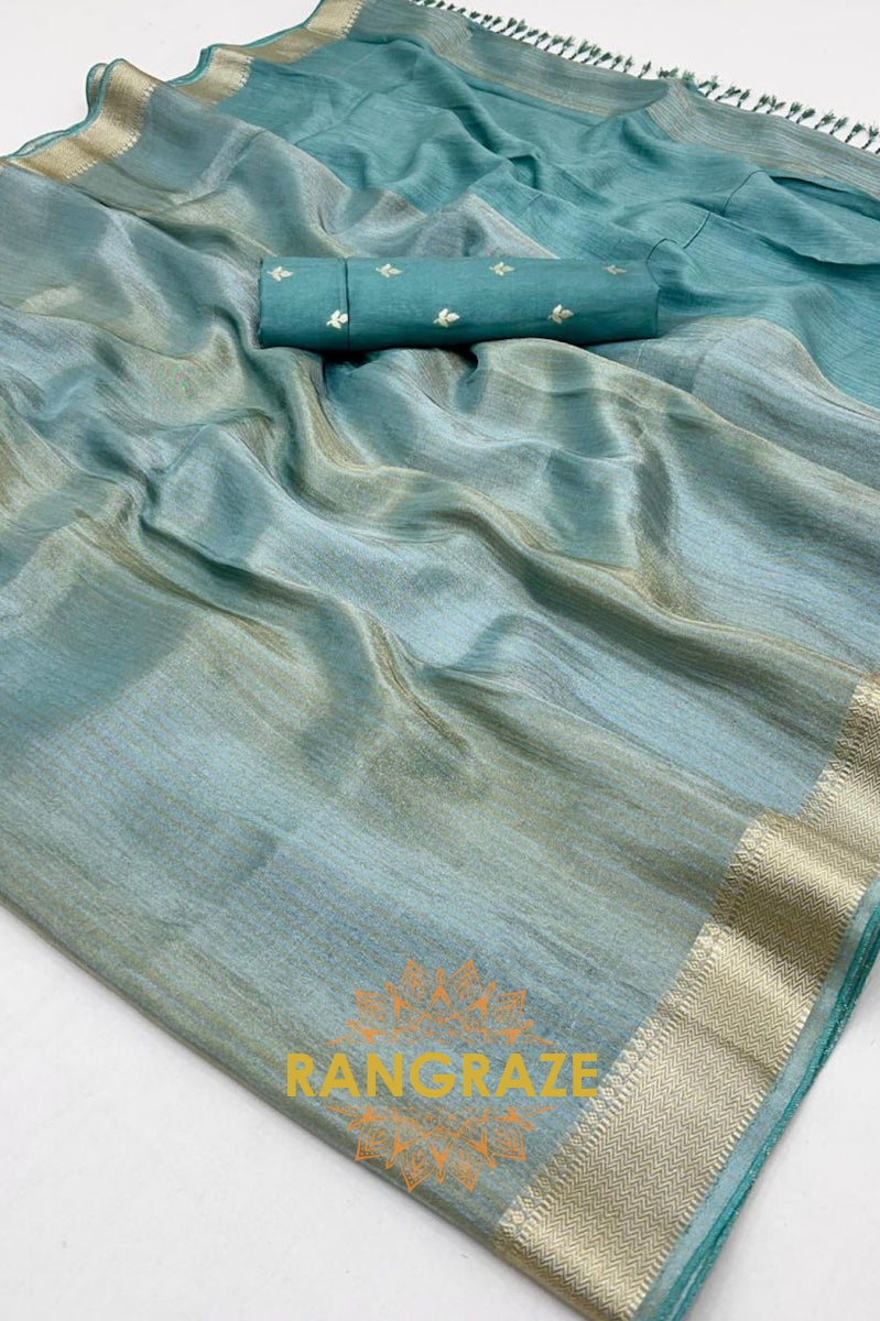 Pastel Aqua Blue Viscose Zari Tissue Saree with Woven Border