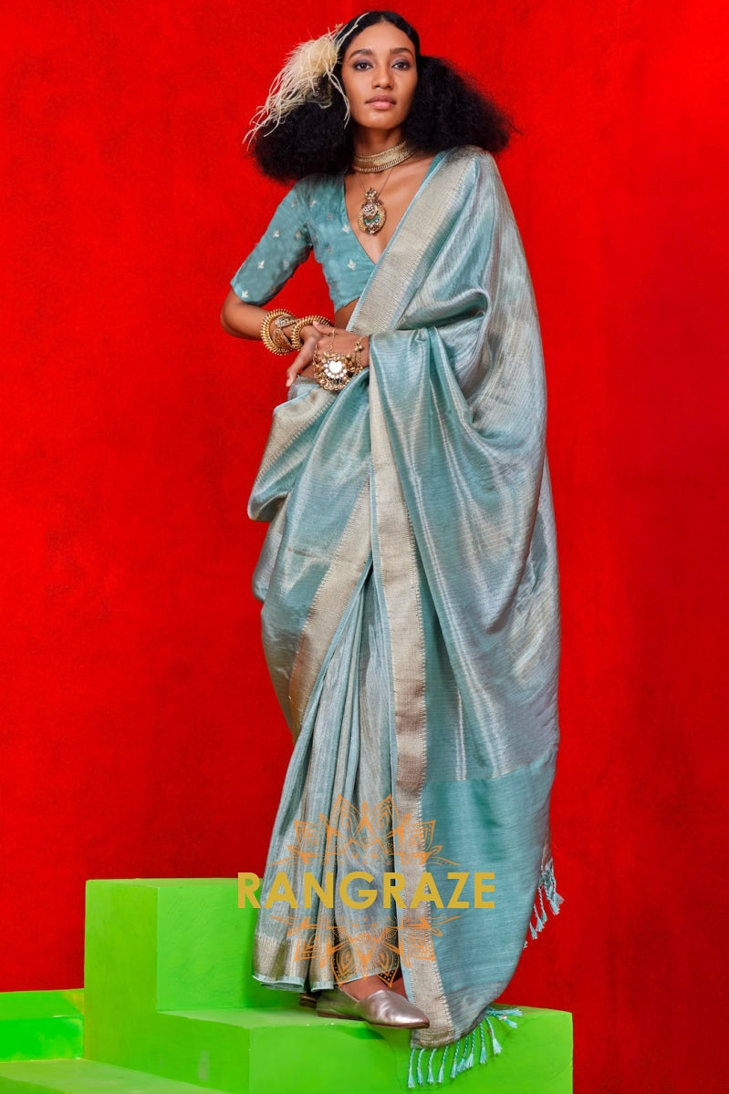 Pastel Aqua Blue Viscose Zari Tissue Saree with Woven Border