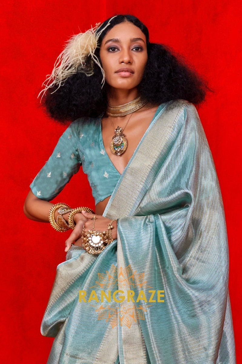 Pastel Aqua Blue Viscose Zari Tissue Saree with Woven Border