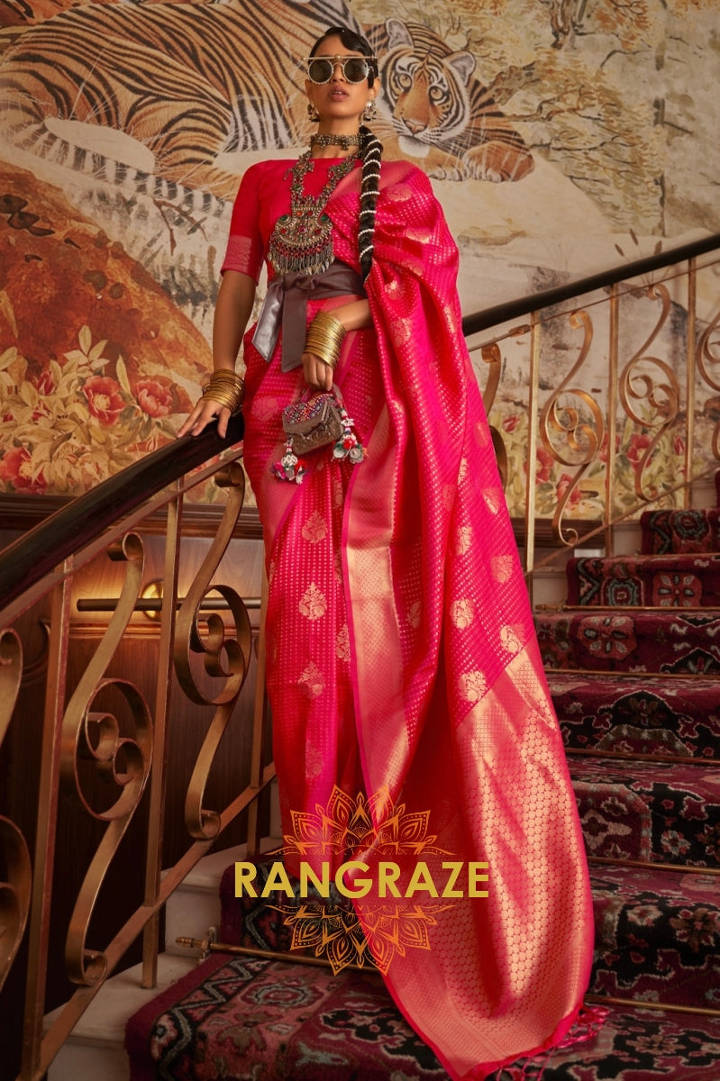 Red Golden Double Tone Weaving Banarasi Silk Saree